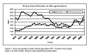 Figure 3.  Price:cost pincher in South African agriculture (PPI = Producer Price Index) Source: Dr Dirk Troskie, Western Cape Department of Agriculture 