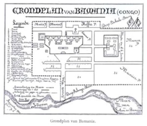 Drawing of the floor plan of the Bamanya mission, anno 1901. From Het Missiewerk in Belgisch Congoland, 1905.